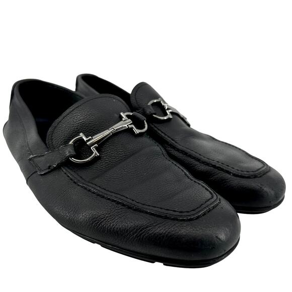 Salvatore Ferragamo Gancini Driving Loafers Pebbled Leather Slip On Black 6.5EE main image 8